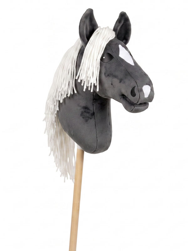 Hobbyhorse Gris Foncé avec Crinière Blanche (par HHLover) – Cheval Bâton Taille M